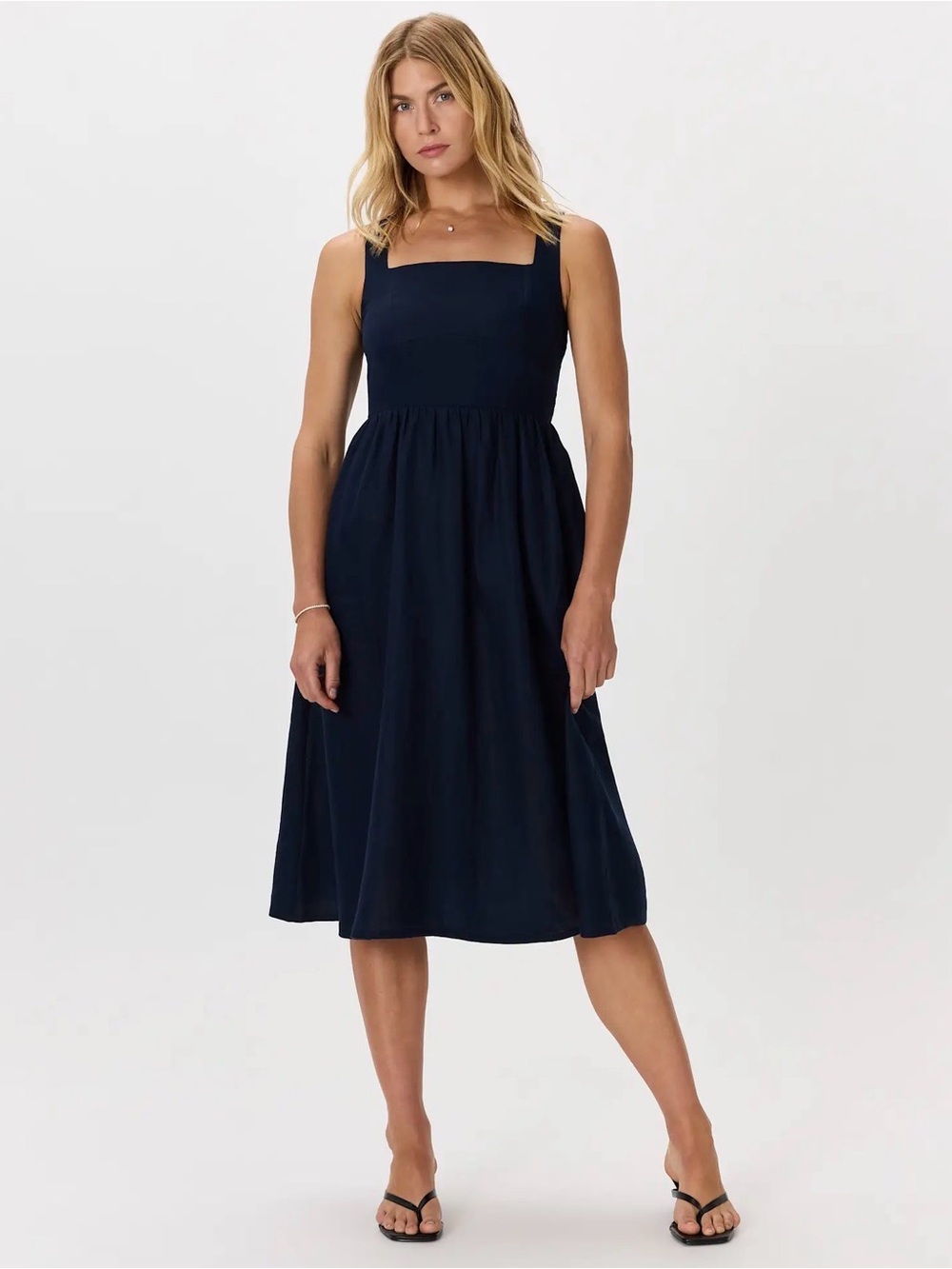 Quince 100% European Linen Fit & Flare Midi Dress Navy S Petite NWT